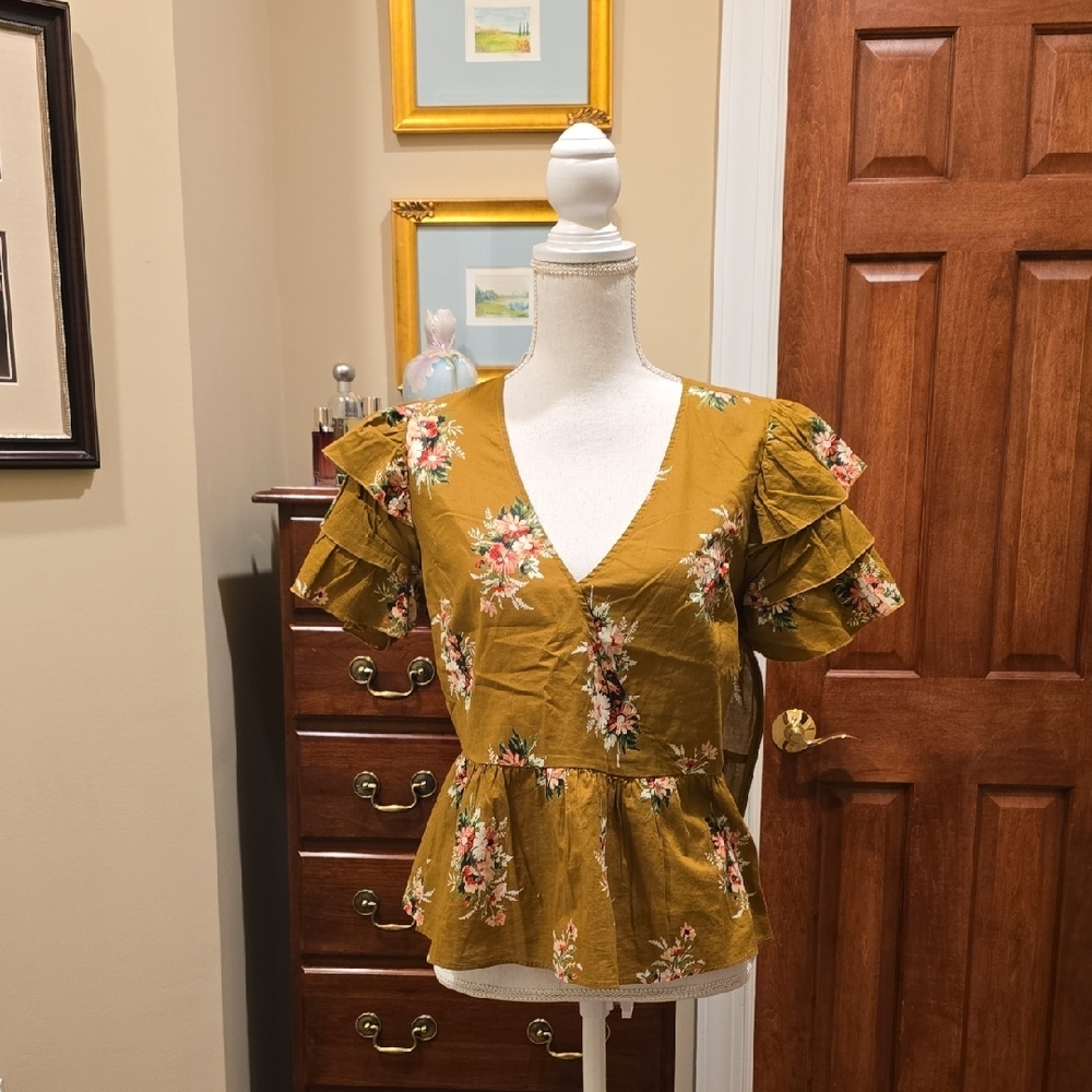 Madewell Yellow Flutter Sleeve Peplum Blouse